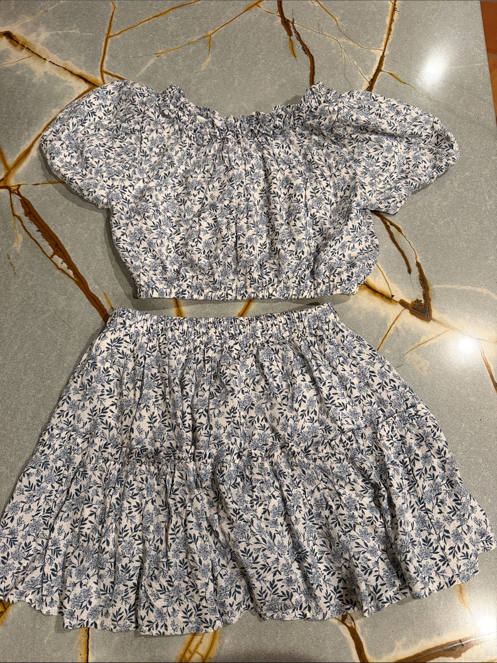 Two-Piece Floral Crop Top & Skirt Set - Blue & White